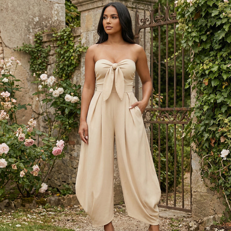 Bow-Front Wide-Leg Jumpsuit - Beige