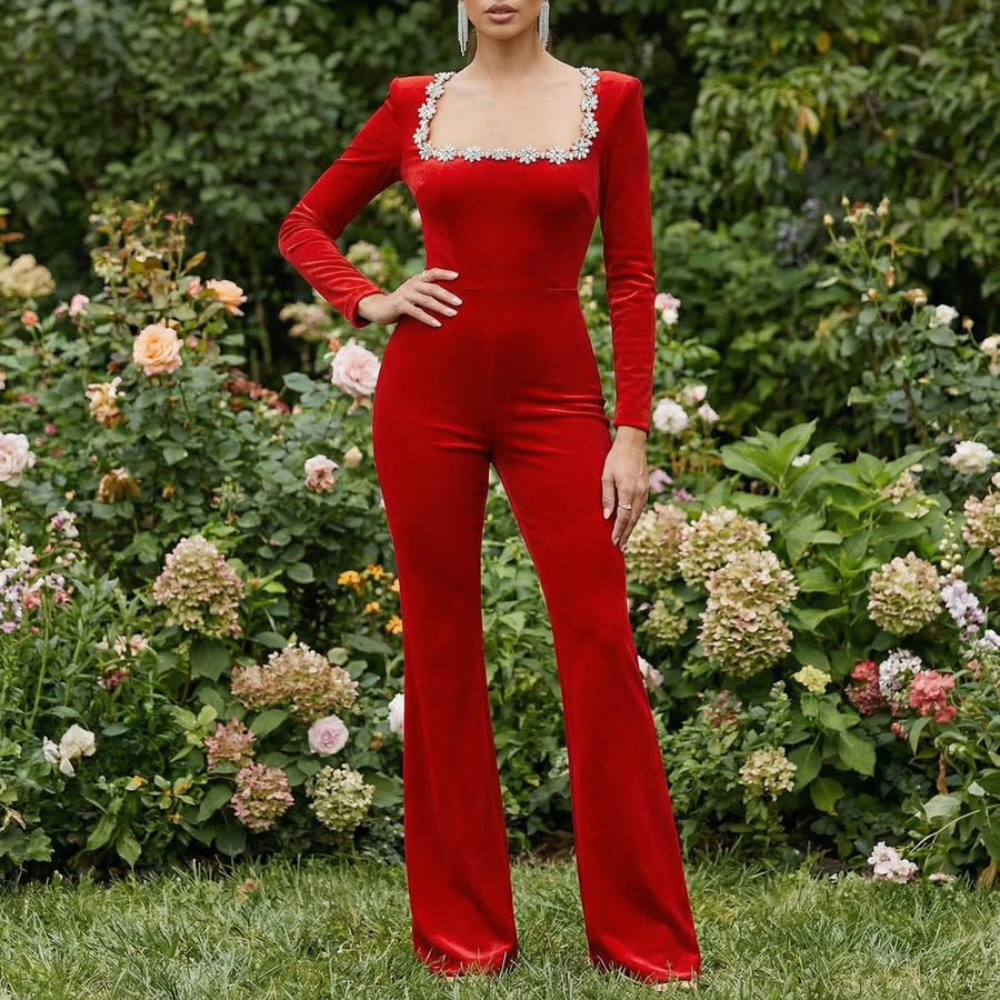 Velour Long-Sleeve Jumpsuit - Red