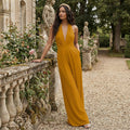 V-Neck Wide-Leg Jumpsuit - yellow
