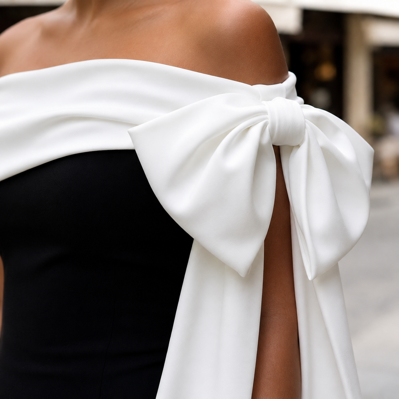 Lyriel - One-Shoulder Bow Tie Slit Midi Dress