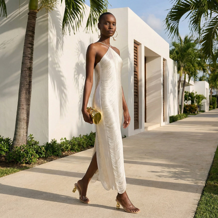 Verity -  Fringe Halter Gown