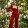 Velour Long-Sleeve Jumpsuit - Red