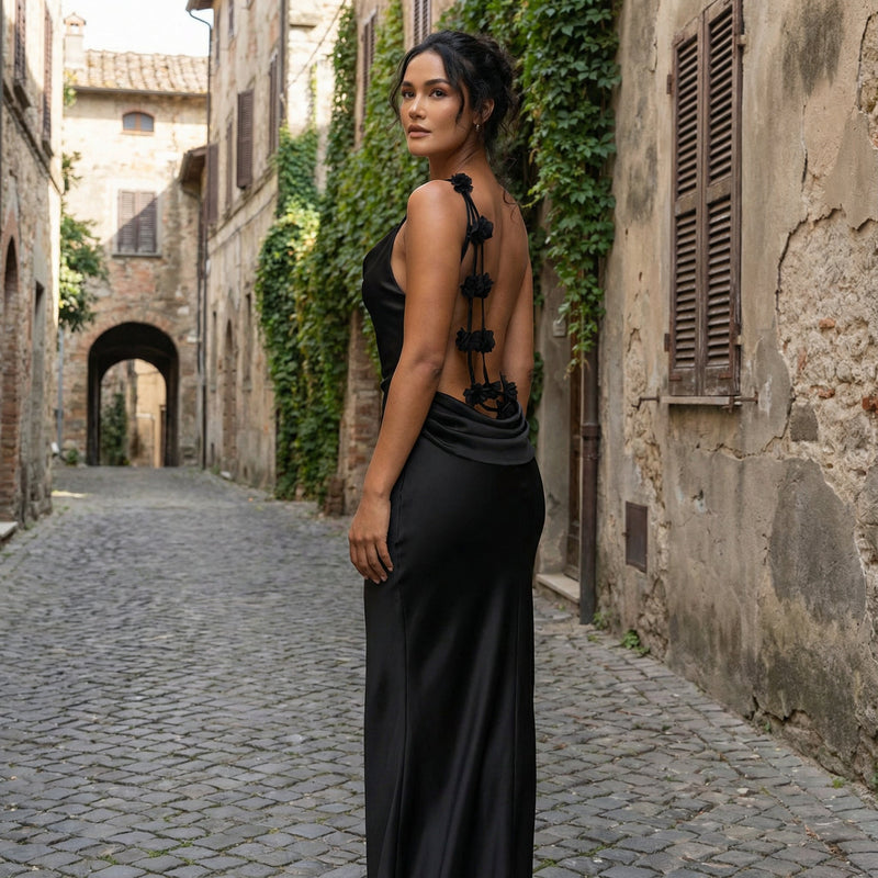 Cassiane - Satin Maxi Dress with Flower Patchwork