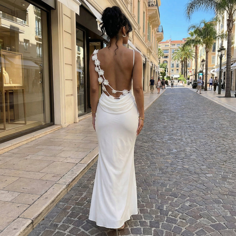 Cassiane - Satin Maxi Dress with Flower Patchwork