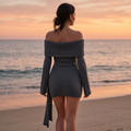 Ysolyn - Waist Knot Off-Shoulder Knitted Mini Dress