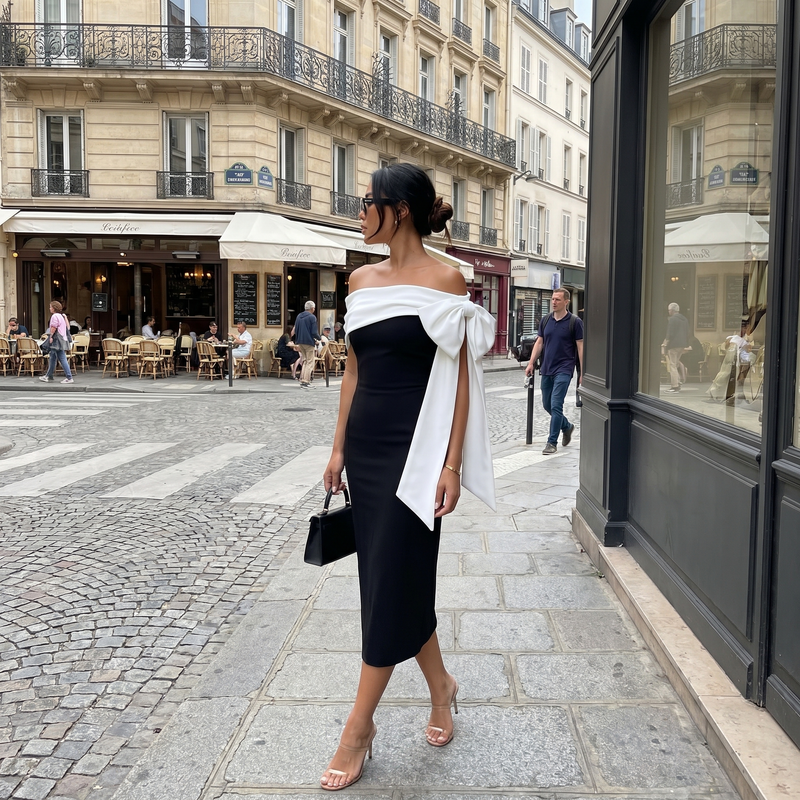 Lyriel - One-Shoulder Bow Tie Slit Midi Dress