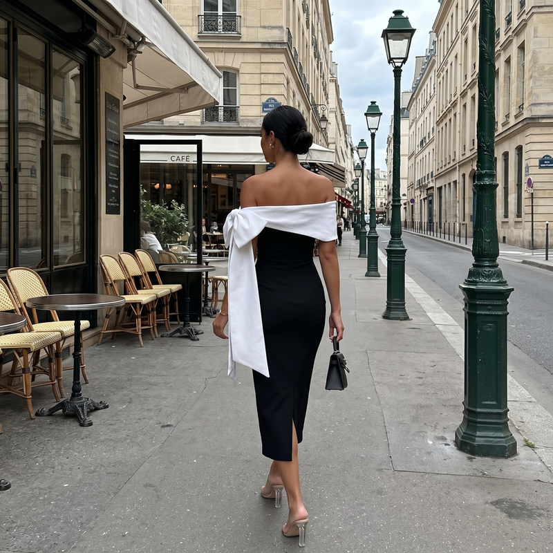 Lyriel - One-Shoulder Bow Tie Slit Midi Dress