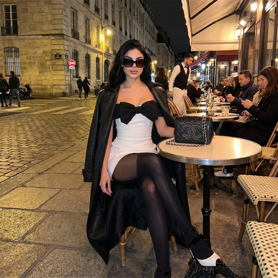 Sylira - Off-Shoulder Contrast Bow Mini Dress