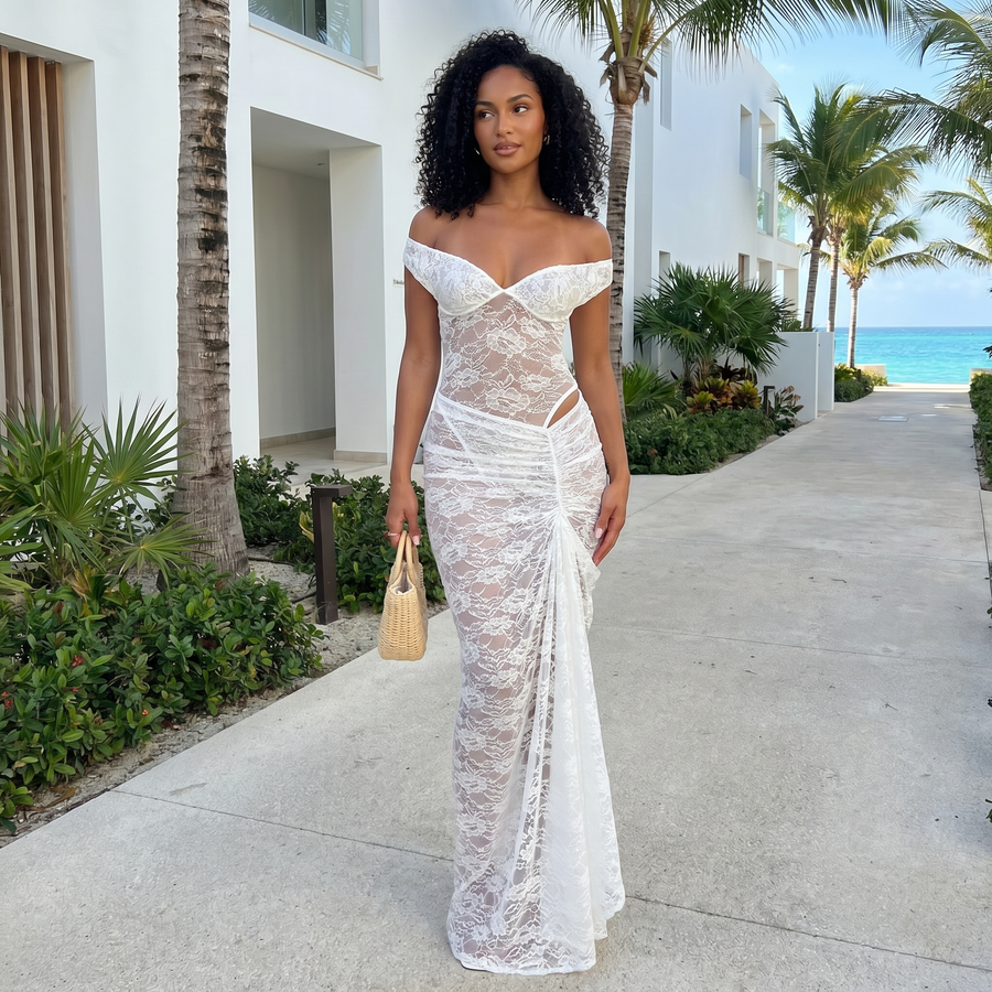 Selune - See-Through Lace Off-Shoulder Maxi Dress