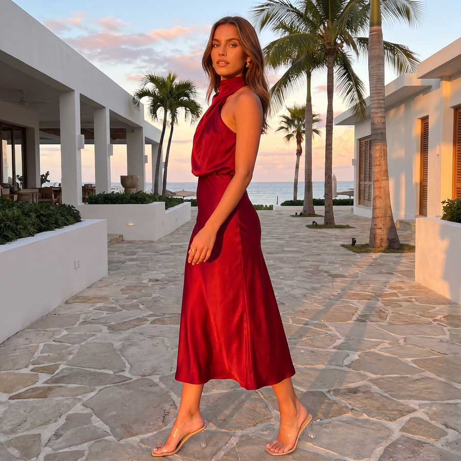Nerina – Draped High-Neck Maxi Dress