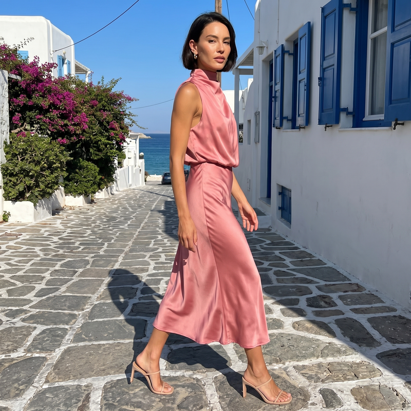 Nerina – Draped High-Neck Maxi Dress
