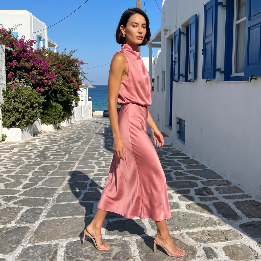 Nerina – Draped High-Neck Maxi Dress